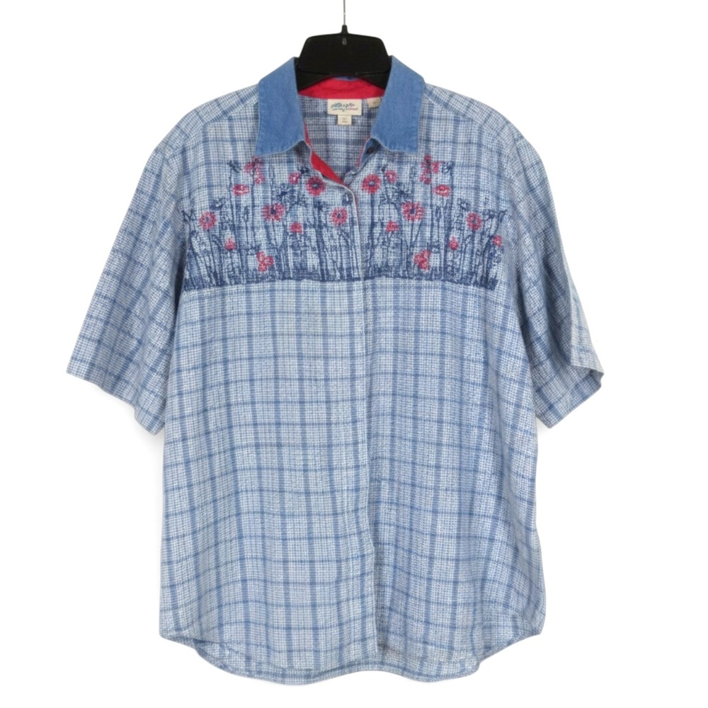 VTG KORET Petite TWILL Floral Embroidered COTTAGECORE Button-Up SHIRT/TOP Sz L